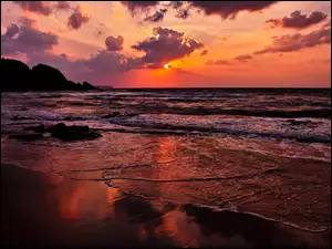Plaża, Zachód, Morze, Słońca, Fale