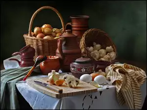 Stół, Cebula, Naczynia, Ceramiczne, Pieczarki