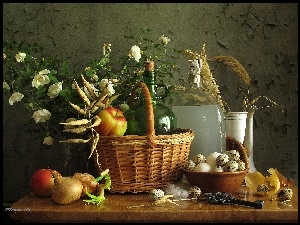 Kosz, Butelki, Przepiórcze, Kwiaty, Jajeczka, Jabłka