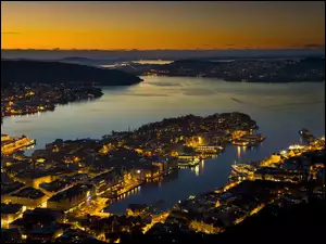 Zatoka, Bergen, Panorama, Noc, Miasto