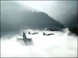 Samoloty, Wzgórza, Mgła, Zamek
