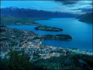 Queenstown, Nocą, Nowa Zelandia, Panorama