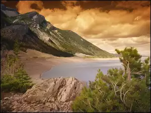 Drzewa, Zachód, Jezioro, Słońca, Góry