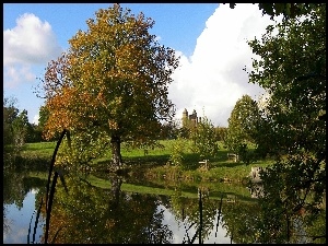 Jezioro, Zamek, Drzewa, Niebo