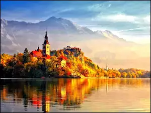 Jezioro, Odbicie, Wyspa, Zamek