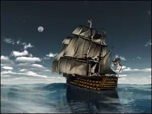 Księżyc, Żaglowiec, Morze, HMS Victory, Noc