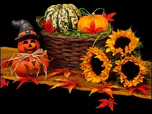 Kosz, Halloween, Słoneczniki, Dynie