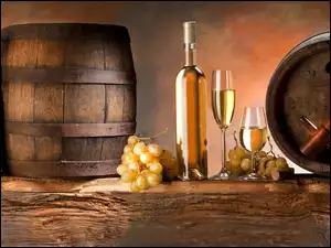 Winogrona, Beczki, Butelki, Wino, Kieliszki