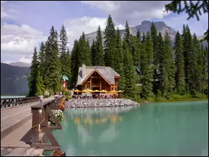 Jeziorem, Drewniany, Restauracja, Most, Nad