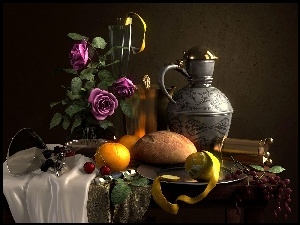 Pomarańcz, Kwiaty, Dzban, Kompozycja, Cytryna, Kieliszek, Chleb