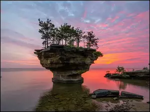 Słońca, Morze, Drzewa, Skały, Zachód