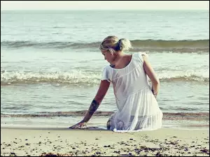 Plaża, Fale, Kobieta, Morze