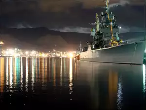 Odbicie, Statek, Port, Wojskowy, Noc