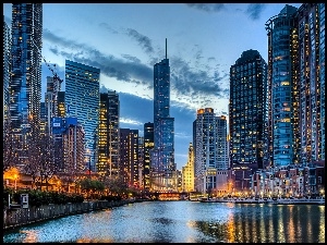 USA, Rzeka, Chmur, Drapacze, Chicago