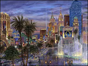 Chmur, Palmy, Panorama, Las Vegas, Noc, Rzeka, Drapacze