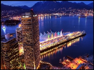 Panorama, Vancouver, Oświetlonego, Miasta