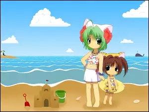 wieloryb, Digi Charat, plaża, morze, dziewczynki