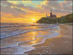 Morska, Morze, Plaża, Fale, Latarnia