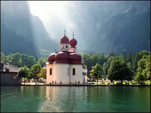Budynek, Koenigssee, Góry, Bawaria, Drzewa, Jezioro, Kościół