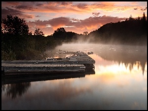 Jezioro, Słońca, Mgła, Zachód