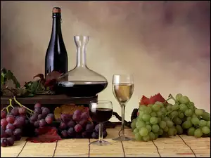 Kieliszki, Kompozycja, Winogrono, Wino, Butelka