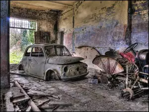 Ruiny, Traktor, Budynek, Samochód