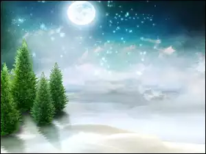 Choinki, Zima, Śnieg, Księżyc