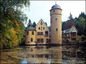 Rzeka Elsava, Zamek wodny Mespelbrunn, Niemcy, Bawaria, Drzewa