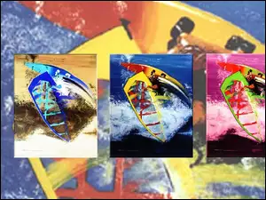 fala, Windsurfing, żagiel , deski kolorowe, morze