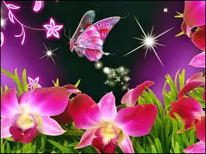 Art, Kwiaty, Storczyki, Różowe, Motyl