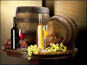 Baryłki, Winogrona, Butelki, Wino