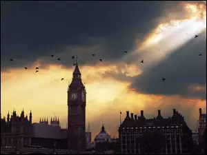 Big Ben, Promienie, Londyn, Zachód Słońca