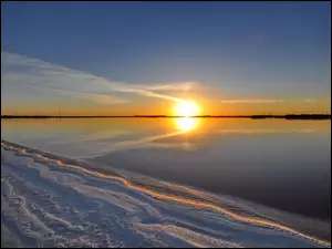 Jezioro, Słońca, Plaża, Zachód