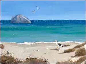 Morze, Mewy, Plaża, Wydmy