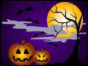 Księżyc, Halloween, Dwie, Grafika, Dynie, Drzewo