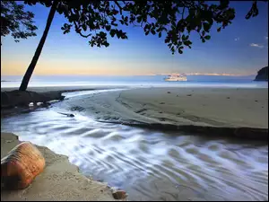 Plaża, Statek, Drzewo, Morze