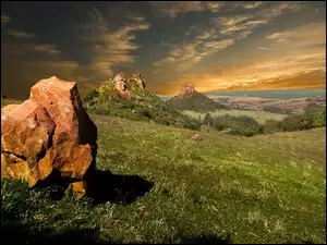 Lasy, Słońca, Góry, Panorama, Skały, Zachód