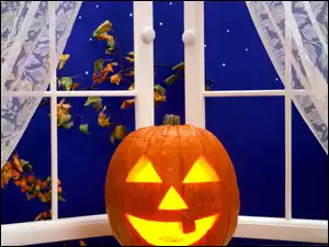 Halloween, Liście, Okno, Noc