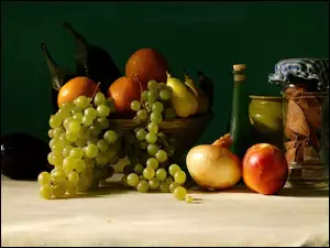 Pomarańcze, Butelka, Cebula, Winogron, Cukinia