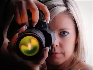 Kobieta, Fotograficzny, Blondynka, Aparat