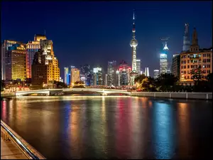 Miasto, Szanghai, Noc, Chiny