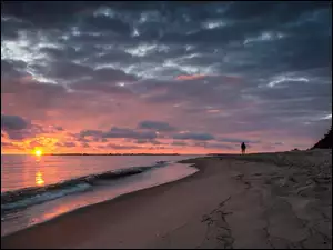 Słońca, Morze, Chmury, Plaża, Zachód
