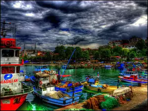 Turcja, Port, Kutry, Motorówki, Chmury