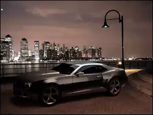 Miasto, Latarnia, Chevrolet, Noc, Camaro, Rzeka