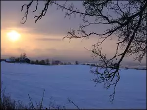 Góry, Słońca, Farmy, Zima, Pola, Zachód