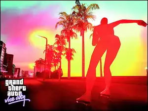 postać, GTA Vice City, palmy, miasto, rolki