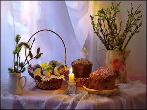 Keks, Wierzby, Świeca, Stół, Gałązki, Kompozycja, Pisanki, Wielkanocny, Koszyczek