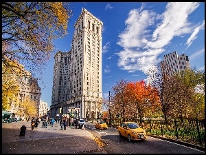 Manhattan, Nowy, Ulica, Wieżowce, USA, Samochody, Jork