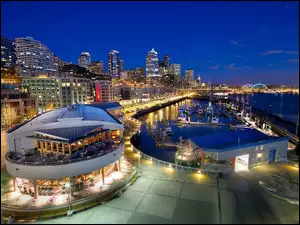 Marina, Nabrzeże, Seattle, Restauracja, Nocą, Jachty