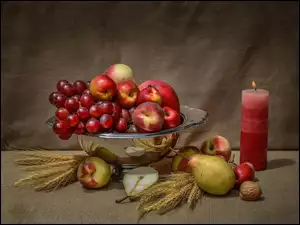 Kompozycja, Świeca, Owoce, Patera